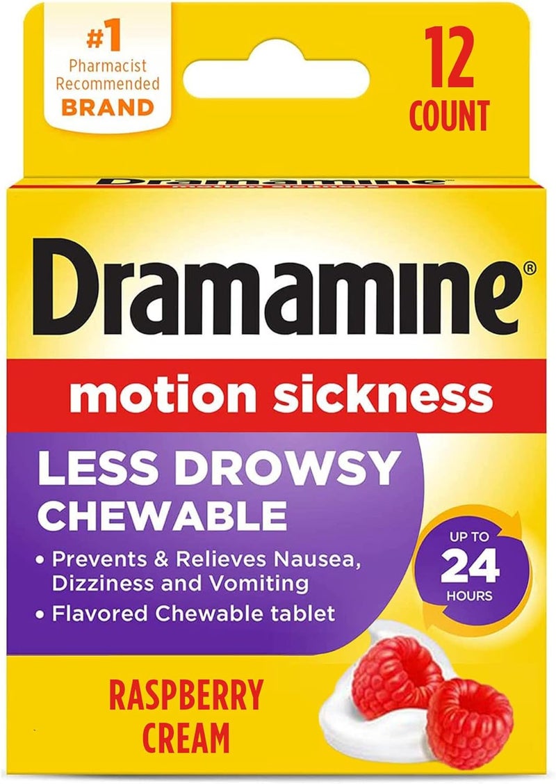 Dramamine Dramamine Chewable Less Drowsy, Motion Sickness Relief, Raspberry Cream Flavor, 12 Count 