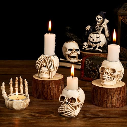 Whaline 4Pcs Halloween Candle Holder Gothic Skeleton Palm Skull Decor Mini Candlestick Holder Resin Tealight Holder for Home Tabletop Spooky Theme Party Decor Supplies
