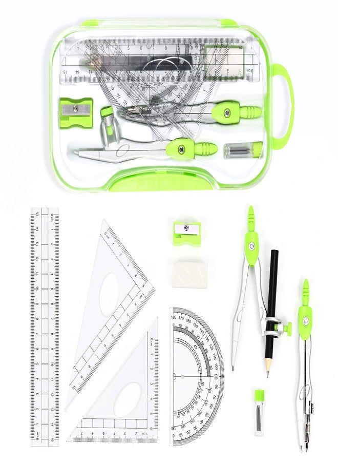 Vobou 10 Pieces Math Geometry Kit Set Student Supplies with Shatterproof Storage Box,Includes Rulers,Protractor,Compass,Eraser,Pencil Sharpener,Lead Refills,Pencil,for School and Drawings（Green） - Image 2
