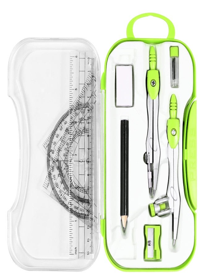 Vobou 10 Pieces Math Geometry Kit Set Student Supplies with Shatterproof Storage Box,Includes Rulers,Protractor,Compass,Eraser,Pencil Sharpener,Lead Refills,Pencil,for School and Drawings（Green） - Image 1