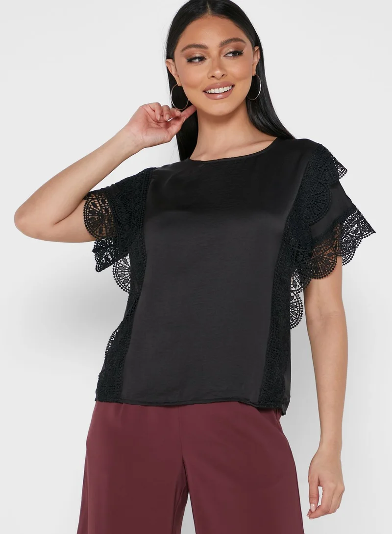 VERO MODA Crew Neck Lace Trim Top