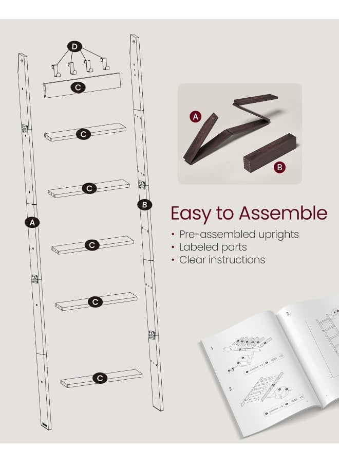 VASAGLE Blanket Ladder, 6-Tier Ladder Shelf, Ladder Rack for Storage and Decor, Towel Ladder with 4 Removable Hooks, Decorative Farmhouse for The Living Room, Bedroom - Image 5