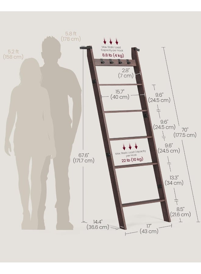 VASAGLE Blanket Ladder, 6-Tier Ladder Shelf, Ladder Rack for Storage and Decor, Towel Ladder with 4 Removable Hooks, Decorative Farmhouse for The Living Room, Bedroom - Image 3