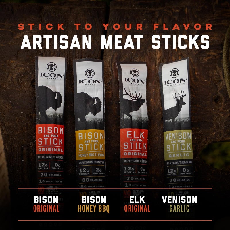 ICON Meats Snack Sticks Sampler - Assorted Flavors of Bison, Elk, Venison and Pork Jerky Sticks - 24 Pack of Individually Wrapped Meat Sticks, 6 Per Flavor - USDA Approved, All Natural Artisan Meats - Image 3
