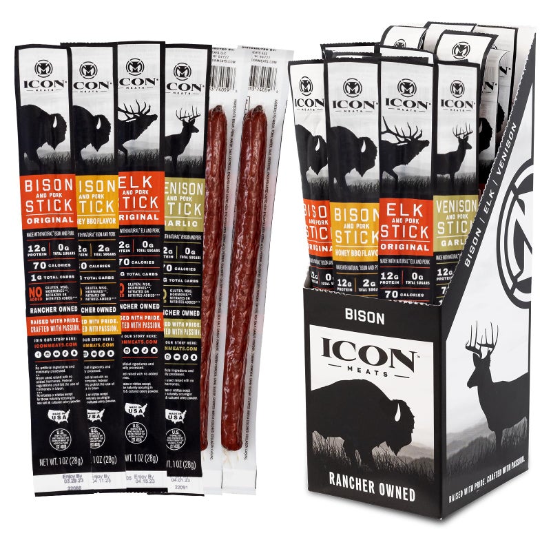 ICON Meats Snack Sticks Sampler - Assorted Flavors of Bison, Elk, Venison and Pork Jerky Sticks - 24 Pack of Individually Wrapped Meat Sticks, 6 Per Flavor - USDA Approved, All Natural Artisan Meats - Image 1