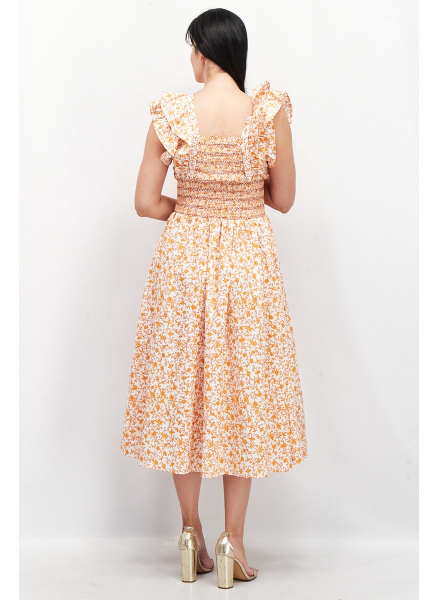 Women Floral Midi Dress, Orange - pzsku/Z762FDBF42E8EA1E491D3Z/45/_/1740495354/c4558699-af64-4e43-8552-61fadb97d625