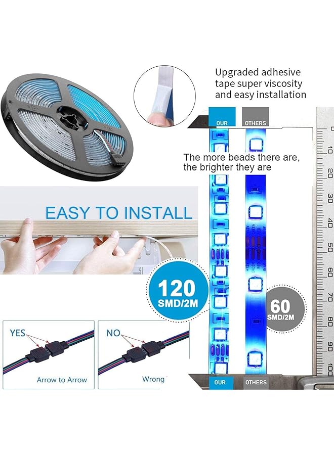 إيروريكس شريط إضاءة ليد 2 متر 5050 RGB أضواء مقاومة للماء لتزيين المنزل شرائط إضاءة ذكية متغيرة اللون مجموعة شريط ليد لغرفة النوم والمطبخ والتلفزيون مزود بمنفذ USB شريط إضاءة خلفية مرن وبلوتوث - Image 5