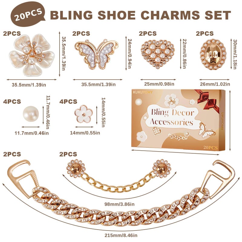 KUKUYOMY 20 Pcs Bling Shoe Charms for Women Gold Chain Accessories Girly Cute Shoe Decoration Include Pearl Rhinestone Butterfly Flower for Party Favor - Image 2