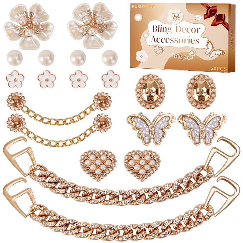 KUKUYOMY 20 Pcs Bling Shoe Charms for Women Gold Chain Accessories Girly Cute Shoe Decoration Include Pearl Rhinestone Butterfly Flower for Party Favor - Image 1