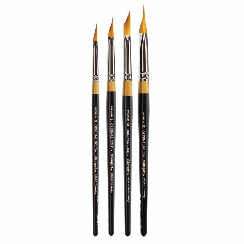 KINGART KINGART B092 Premium 4 pc Original Gold 9900 Series Miracle Wedge Artist Brush Set Synthetic Golden Taklon Hair for Acrylic Oil Watercolor and Gouache Paint Short Handle 4 Sizes 6 8 10 12