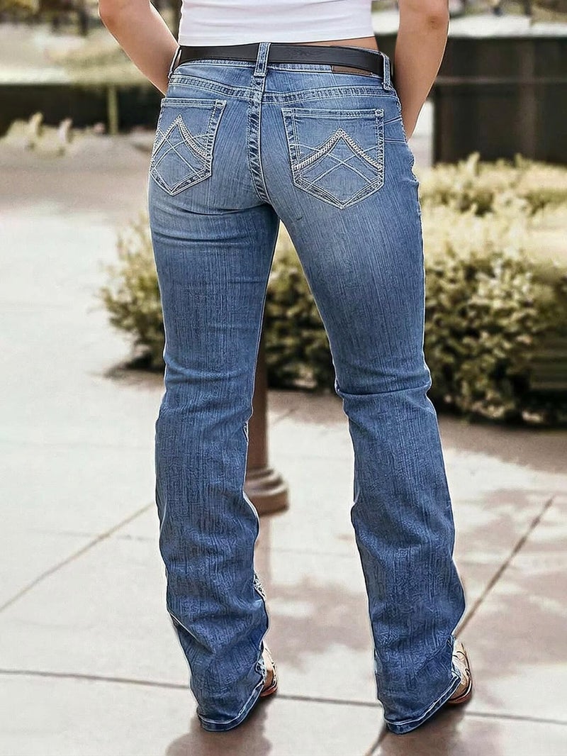 Flamingals Boot Cut Jeans for Women Mid Waist Tummy Control Trendy Flare Jeans Straight Denim Pants Mid Blue Wash XL - Image 4