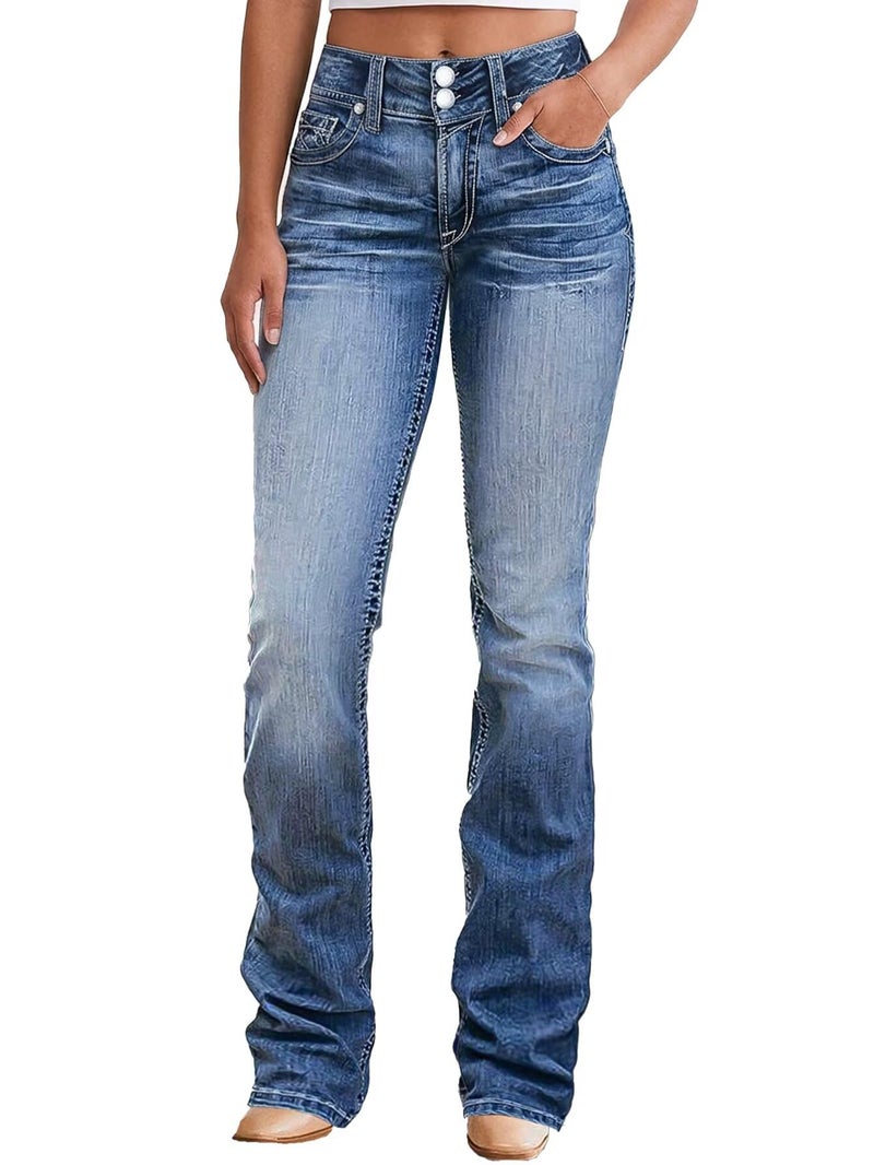 Flamingals Boot Cut Jeans for Women Mid Waist Tummy Control Trendy Flare Jeans Straight Denim Pants Mid Blue Wash XL - Image 1