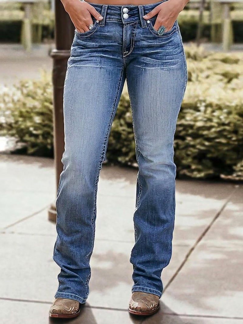 Flamingals Boot Cut Jeans for Women Mid Waist Tummy Control Trendy Flare Jeans Straight Denim Pants Mid Blue Wash XL - Image 2