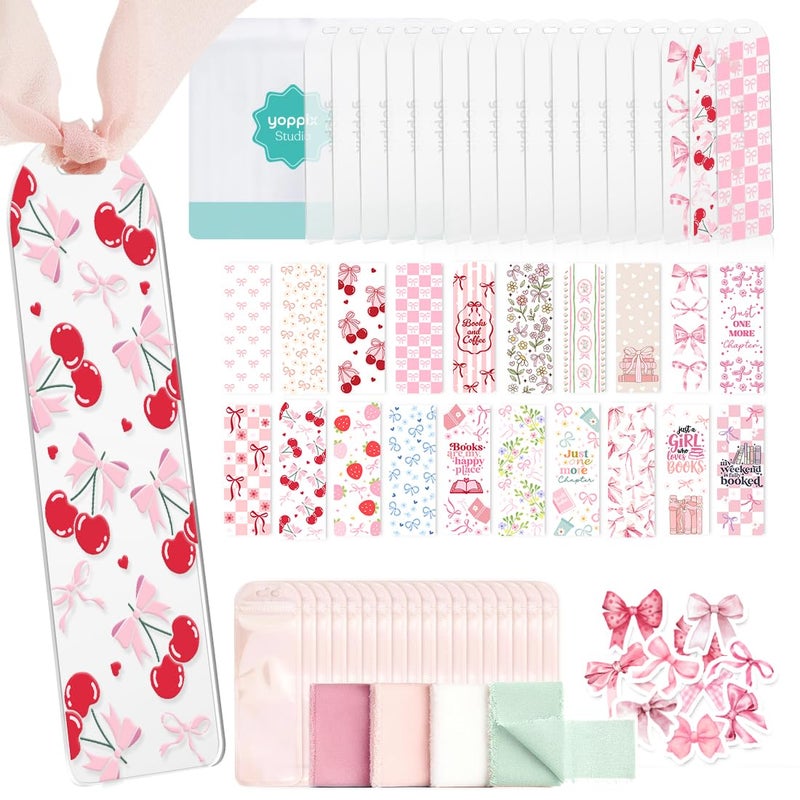 YOPPIX 6x2” Acrylic Bookmark Blanks- 20 Set Bookmark Making Kit with 20 UV DTF Stickers About Bow Theme 20 Ribbon 80 Bookish Stickers for DIY Your Crafts Gift for Book Lover - Image 1