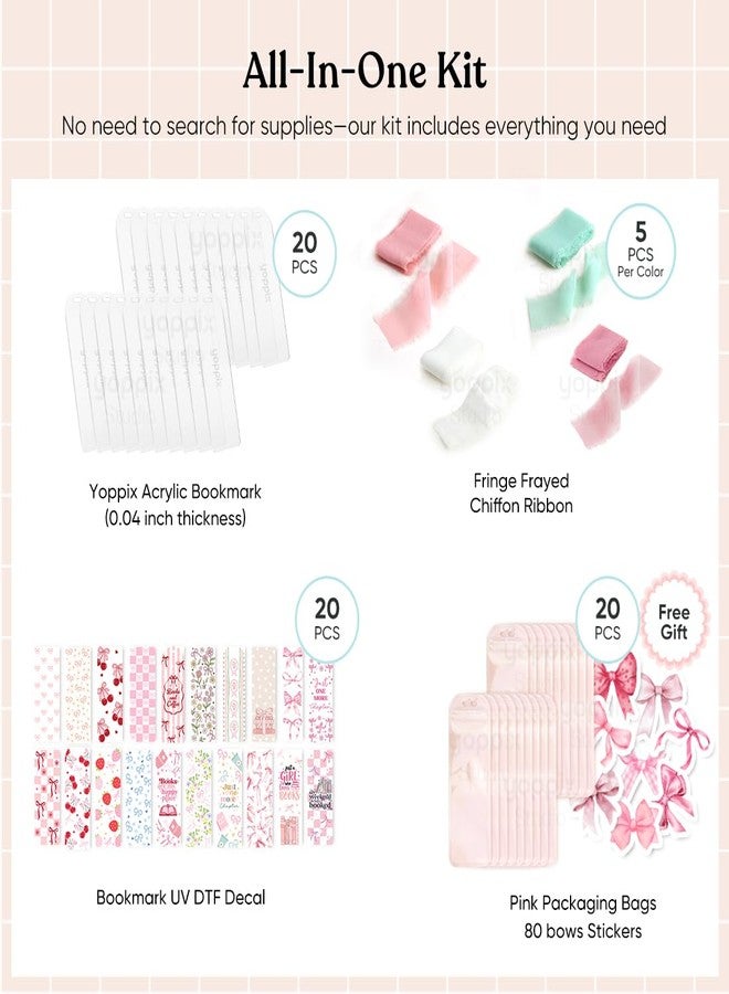 YOPPIX 6x2” Acrylic Bookmark Blanks- 20 Set Bookmark Making Kit with 20 UV DTF Stickers About Bow Theme 20 Ribbon 80 Bookish Stickers for DIY Your Crafts Gift for Book Lover - Image 3