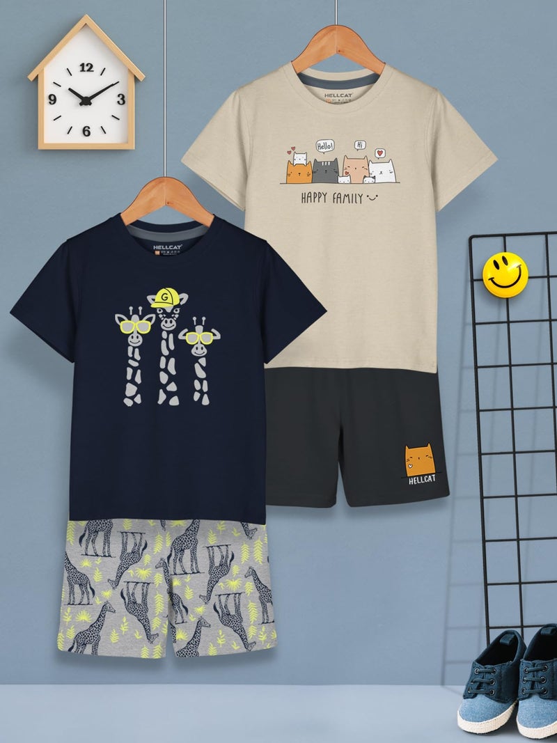 HELLCAT Boys Dress Clothing Set Combo with Tshirts & Shorts - Pack 2 Navy/Beige 1-2 Years - Image 2