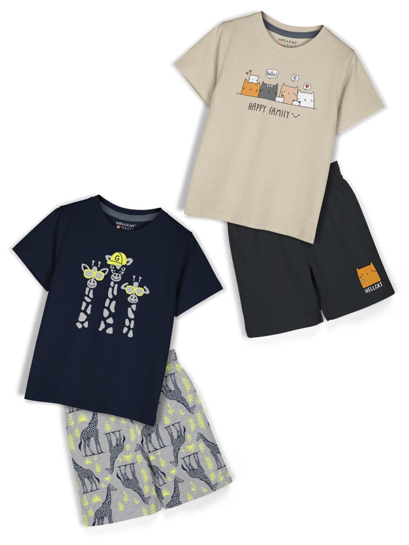 HELLCAT Boys Dress Clothing Set Combo with Tshirts & Shorts - Pack 2 Navy/Beige 1-2 Years - Image 1