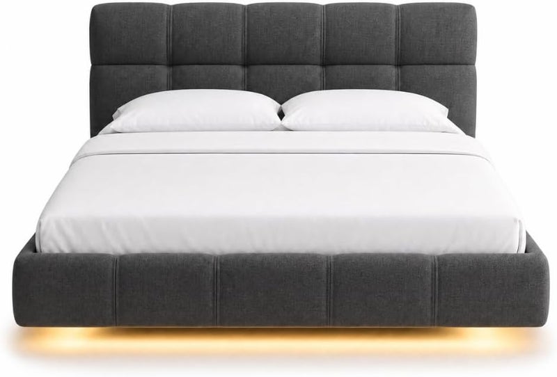 Modern Upholstered LED Floating Bed Frame with Tufted Headboard - Dark Grey, Single (100 x 200 cm without Mattress) - Image 3