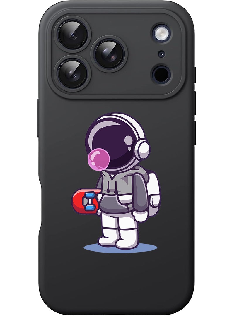 Theodor Protective Slim Fit Case Liquid Silicone Cover with Full Body Protection Anti-Scratch Shockproof Case For Apple iPhone 17 Pro Max (Black) Astronaut holding skateboard - Image 1