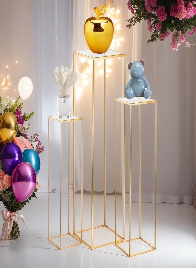 Kapaga 3pcs Gold Metal Plant Stand, Cylinder Pedestal Stands for Parties, Metal Plant Columns Pedestal Stands for Display, Square Cylinder Columns tables for Weddings Cake Stand Floor Plant Tables - Image 1