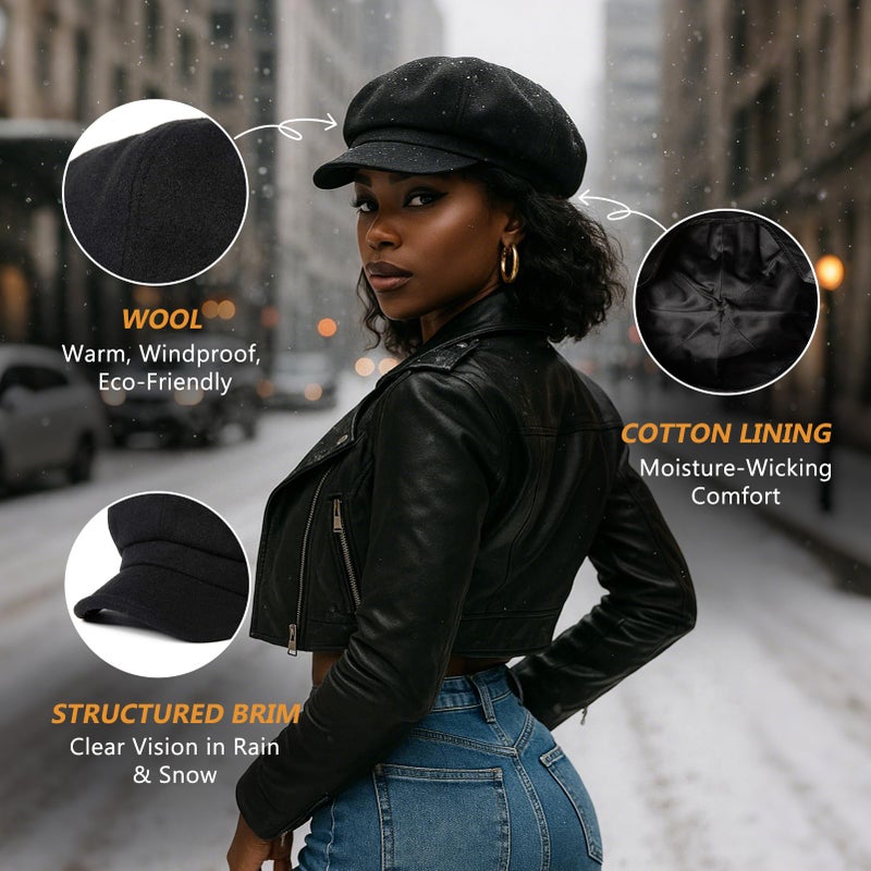 Comhats Winter Newsboy Hat for Women Wool Beret Caps Fashion Warm Brim Cute Visor Ladies Cabbie Pageboy Paperboy Fall Baker Orange Plaid Medium - Image 3
