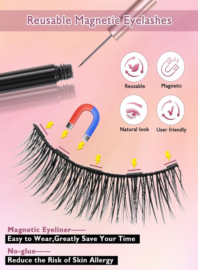 Batfield 3 Pairs Magnetic False Eyelashes - Reusable Fake Eyelashes with Eyeliner and Tweezer - Artificial Eye Lashes for Women Natural Wispy(Style 6) - Image 2