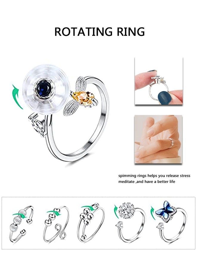 وهاواي 6Pcs Fidget Anxiety Rings for Women Spinner Band Rings for Anxiety Adjustable Cubic Zirconia Flower Butterfly Bead Stress Relief Spinning Stackable Ring Set, Gift for Women Girls - Image 2
