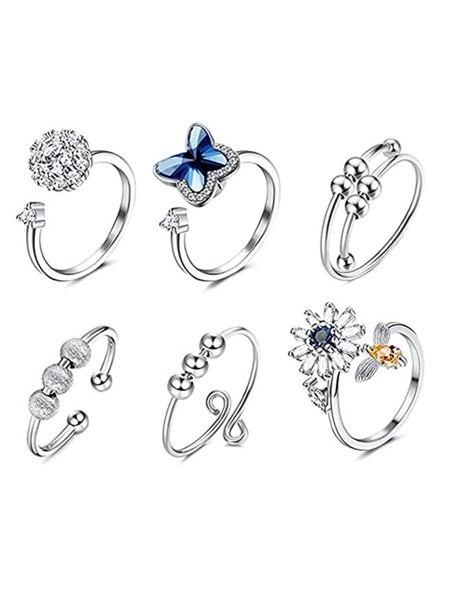 وهاواي 6Pcs Fidget Anxiety Rings for Women Spinner Band Rings for Anxiety Adjustable Cubic Zirconia Flower Butterfly Bead Stress Relief Spinning Stackable Ring Set, Gift for Women Girls - Image 1