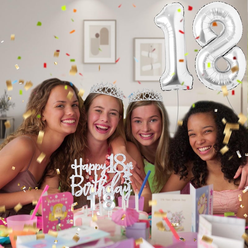 YeohJoy 18th Birthday Decorations for Girls Silver with 18th Birthday Sash and Tiara, Cake Topper and Candles, Silver Number Balloons, 18 Year Old Gifts for Girls - Image 2