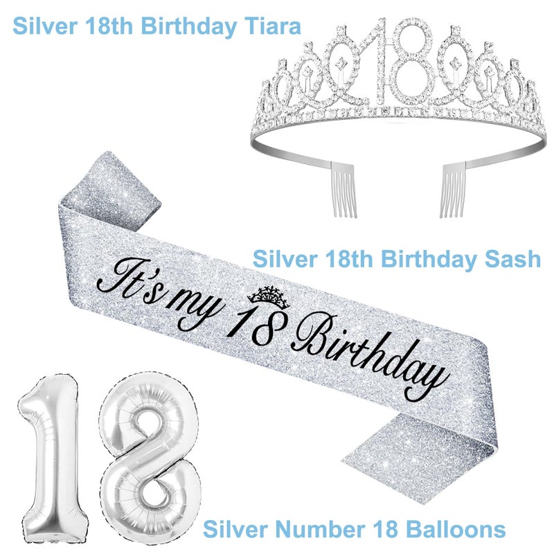 YeohJoy 18th Birthday Decorations for Girls Silver with 18th Birthday Sash and Tiara, Cake Topper and Candles, Silver Number Balloons, 18 Year Old Gifts for Girls - Image 3