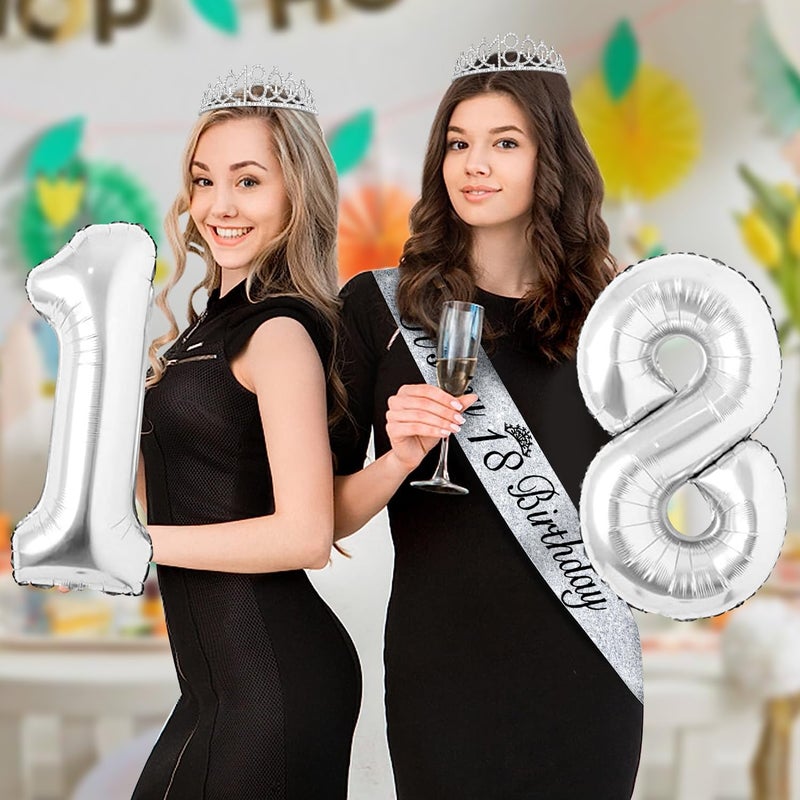 YeohJoy 18th Birthday Decorations for Girls Silver with 18th Birthday Sash and Tiara, Cake Topper and Candles, Silver Number Balloons, 18 Year Old Gifts for Girls - Image 5