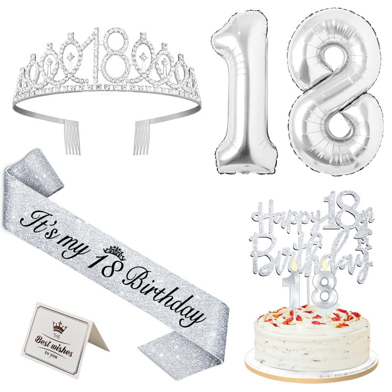 YeohJoy 18th Birthday Decorations for Girls Silver with 18th Birthday Sash and Tiara, Cake Topper and Candles, Silver Number Balloons, 18 Year Old Gifts for Girls - Image 1