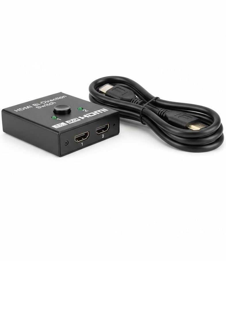 HDMI Bi-Directional Switch with One HDMI Cable This switch allows you to connect two sources, such as a gaming console or Blu-ray player, to one display, or connect one source to two different displays and switch between them with the push of a button. The device supports resolutions up to 4K (3840x2160) at 60 Hz. The device is plug and play and requires no external power or additional drivers. It has a button to switch between the two inputs or outputs, with indicator lights showing the current status of the device. - Image 1