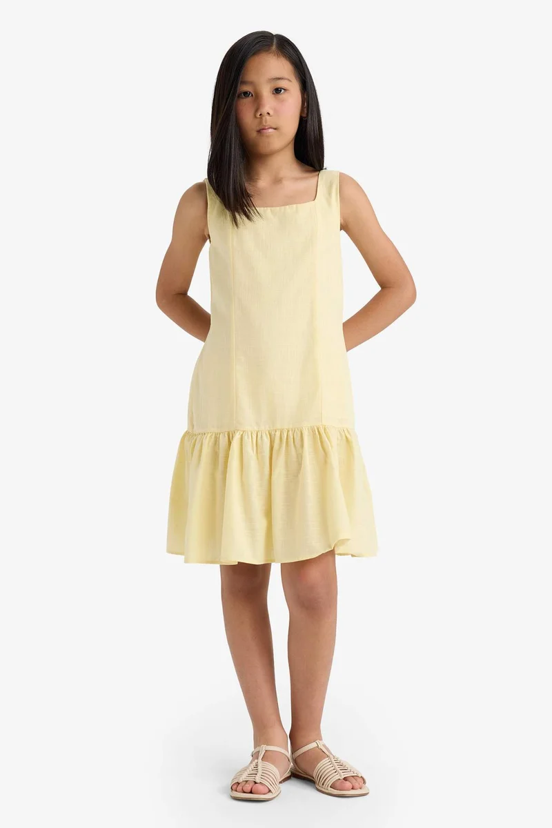 ديفاكتو Regular Fit Round Neck Flounce Cotton Sleeveless Dress