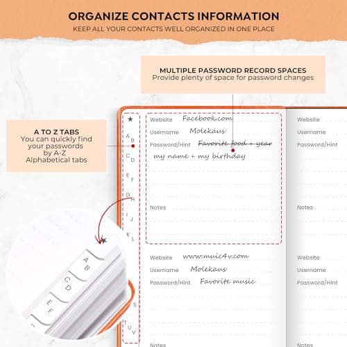 molekaus Password Book with Alphabetical Tabs Small Password Keeper with Extra Password Space to Change Password. Password Notebook for Home or Office for Internet Log In, 6.1 * 3.7in Orange - Image 4