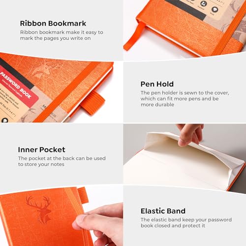 molekaus Password Book with Alphabetical Tabs Small Password Keeper with Extra Password Space to Change Password. Password Notebook for Home or Office for Internet Log In, 6.1 * 3.7in Orange - Image 2