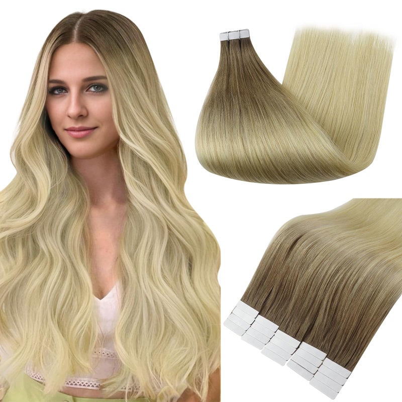 Full Shine Tape in Hair Extensions 18 Inch Color 3 and 8 Brown Fading to 613 Bleach Blonde Balayage Hair Extensions Real Human Hair Tape in for Women 50g Seamless Skin Weft Remy Hair 20PCS Add Volume