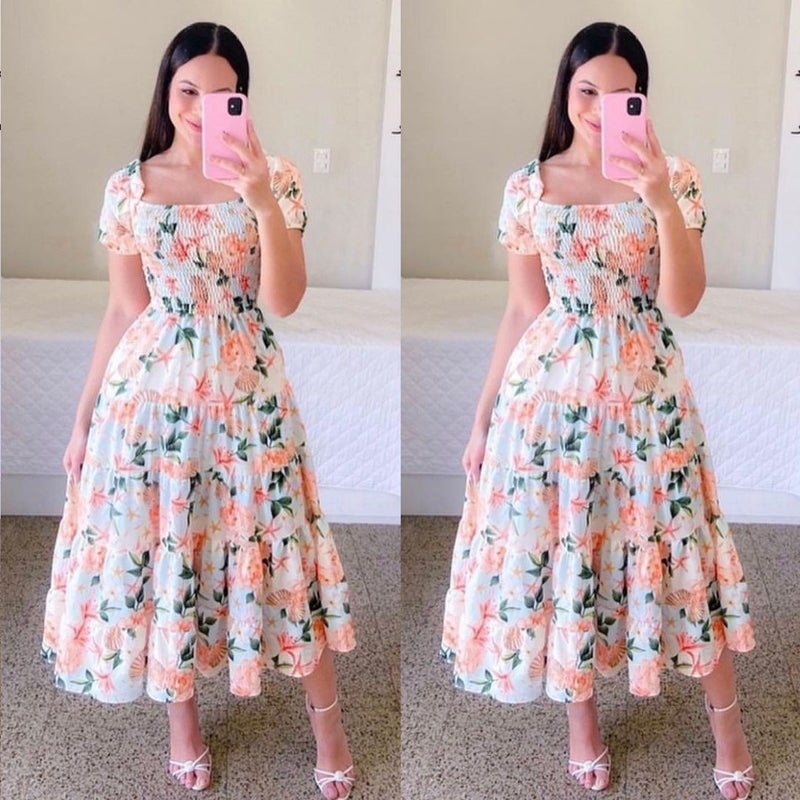 2025 cross-border spring and summer new European and American womens off-shoulder long skirt long European and American printed dress skirt Colored flowers - Image 2
