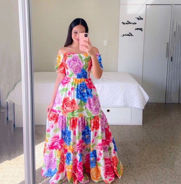 2025 cross-border spring and summer new European and American womens off-shoulder long skirt long European and American printed dress skirt Colored flowers - Image 1