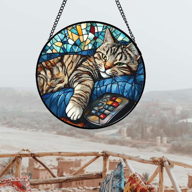 DASTOLL Stained Glass Window Hanging Gray Cat and Remote Control 7.8" - Suncatcher Door Garden Kitchen Sun Catcher Home Decor Birthday for Lost Pets Mom Men Woman Friend Grandma - Image 5