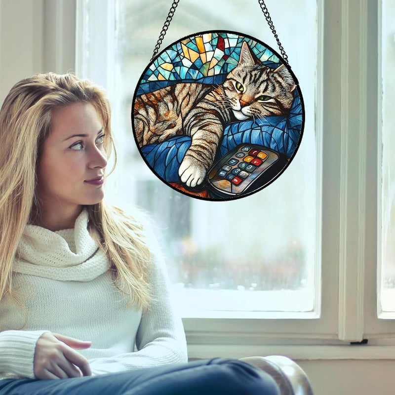 DASTOLL Stained Glass Window Hanging Gray Cat and Remote Control 7.8" - Suncatcher Door Garden Kitchen Sun Catcher Home Decor Birthday for Lost Pets Mom Men Woman Friend Grandma - Image 3