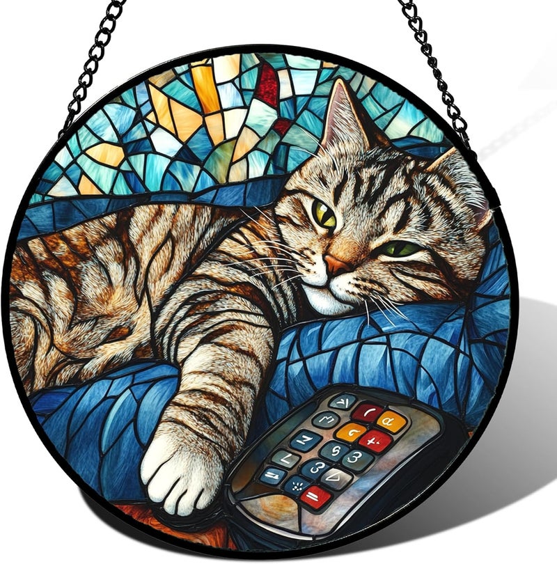 DASTOLL Stained Glass Window Hanging Gray Cat and Remote Control 7.8" - Suncatcher Door Garden Kitchen Sun Catcher Home Decor Birthday for Lost Pets Mom Men Woman Friend Grandma - Image 1