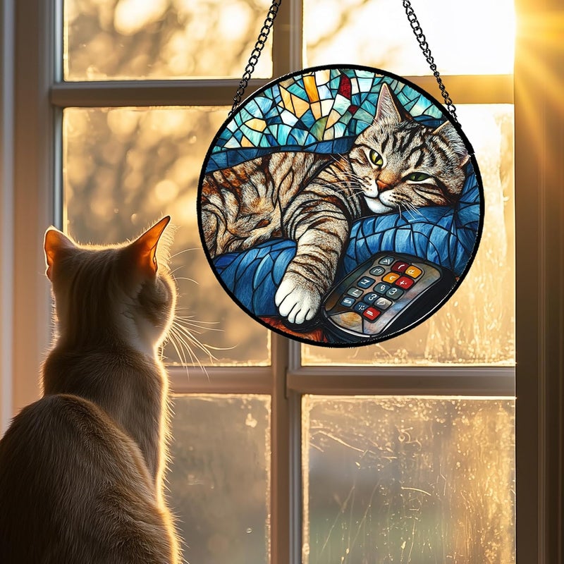 DASTOLL Stained Glass Window Hanging Gray Cat and Remote Control 7.8" - Suncatcher Door Garden Kitchen Sun Catcher Home Decor Birthday for Lost Pets Mom Men Woman Friend Grandma - Image 2