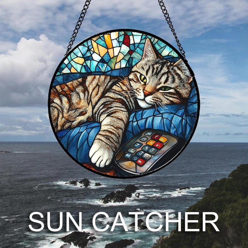 DASTOLL Stained Glass Window Hanging Gray Cat and Remote Control 7.8" - Suncatcher Door Garden Kitchen Sun Catcher Home Decor Birthday for Lost Pets Mom Men Woman Friend Grandma - Image 4