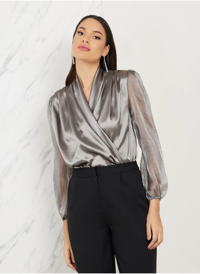 Styli Organza Sleeves Satin Cowl Neck Wrap Top