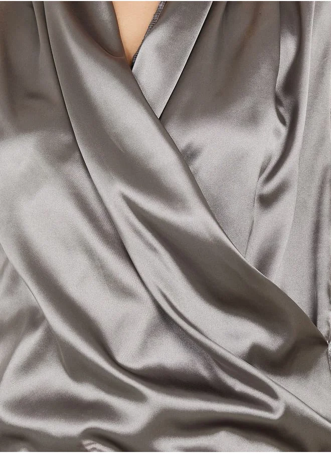 Styli Organza Sleeves Satin Cowl Neck Wrap Top