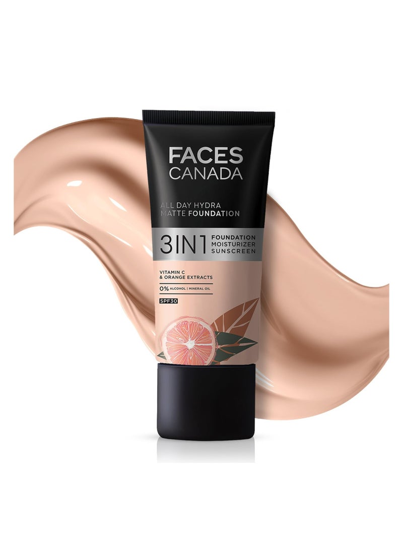 Facescanada FACESCANADA All Day Hydra Matte Foundation|3-In-1 Foundation + Moisturizer Cream + Spf 30|24 Hr Aloe Hydration&Vitamin C Rose Ivory 011|25Ml,Pack Of 1 - Image 1