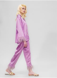BITOLIA GALLERY Top and Pants Set Loungewear Taffeta Lavender Natural Feathers  - Image 4