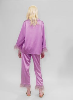 BITOLIA GALLERY Top and Pants Set Loungewear Taffeta Lavender Natural Feathers  - Image 2