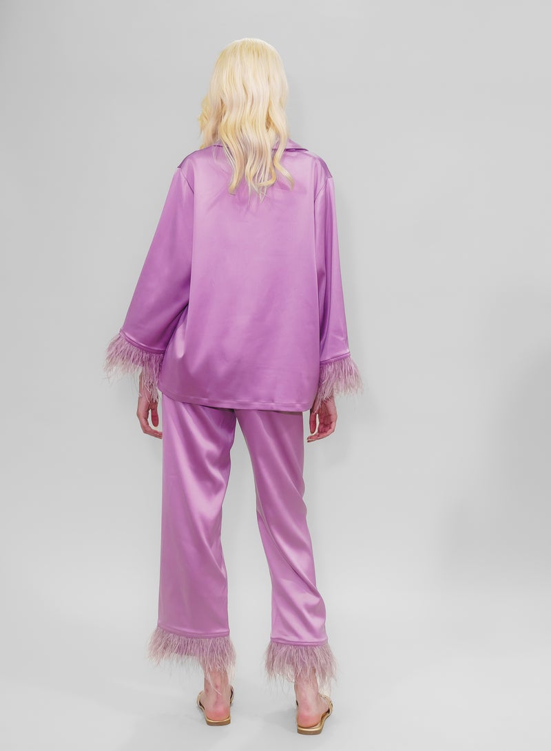BITOLIA GALLERY Top and Pants Set Loungewear Taffeta Lavender Natural Feathers  - Image 2